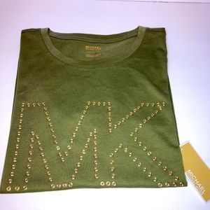 MICHAEL KORS Gold Embellished Army Green Basic T-Shirt LG
